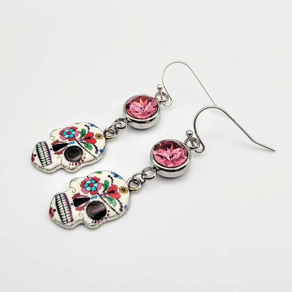 Floral Sugar Skull Pink Tourmaline Gemstone Dangle Earring